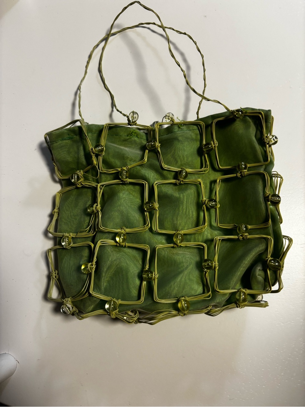 Vintage UNIQUE Green Beaded Square Wire and Fabric  Evening Bag
